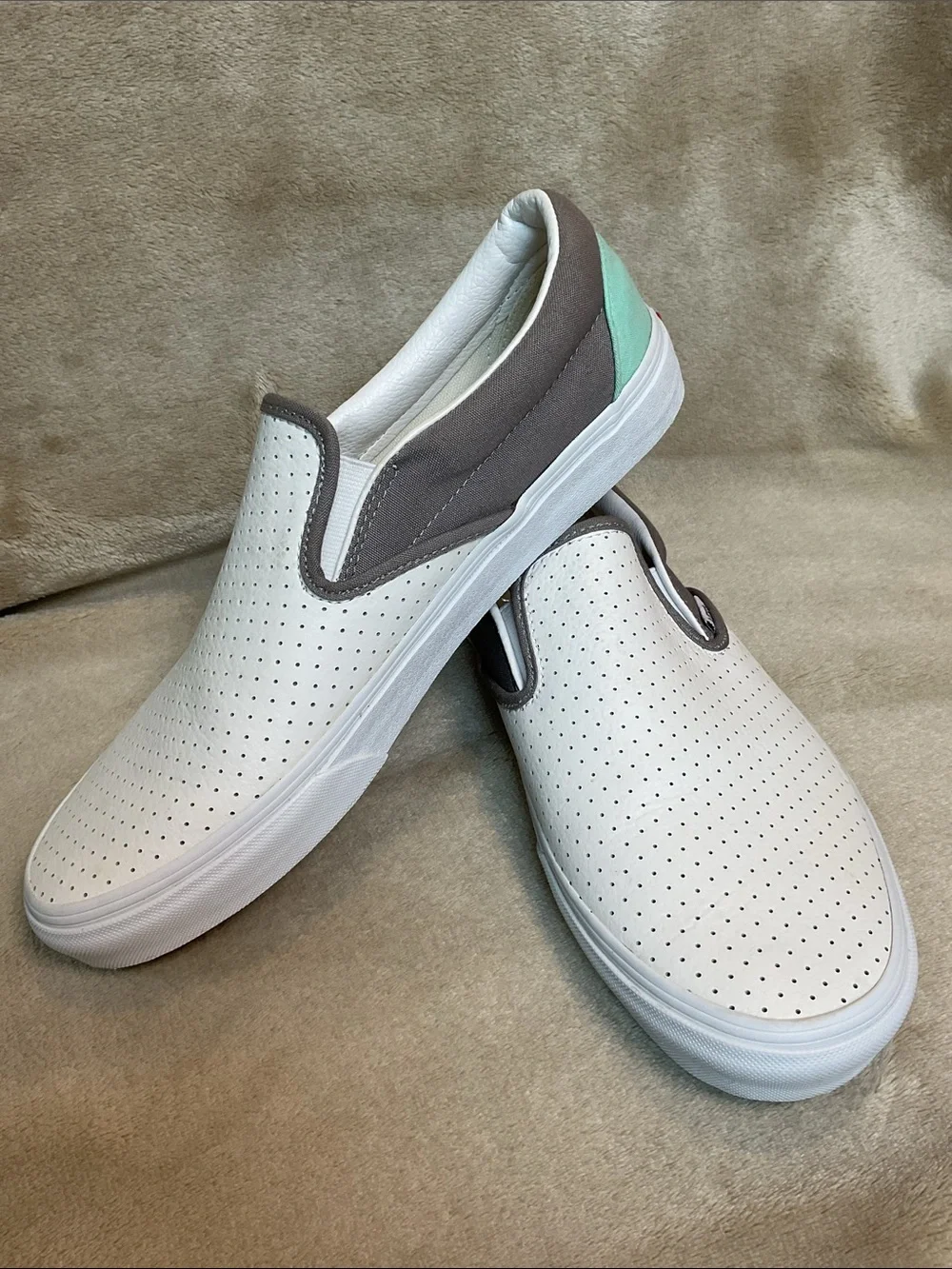 Vans White Perforated Slip-On Sneakers with Gray Trim Size 10.5 W